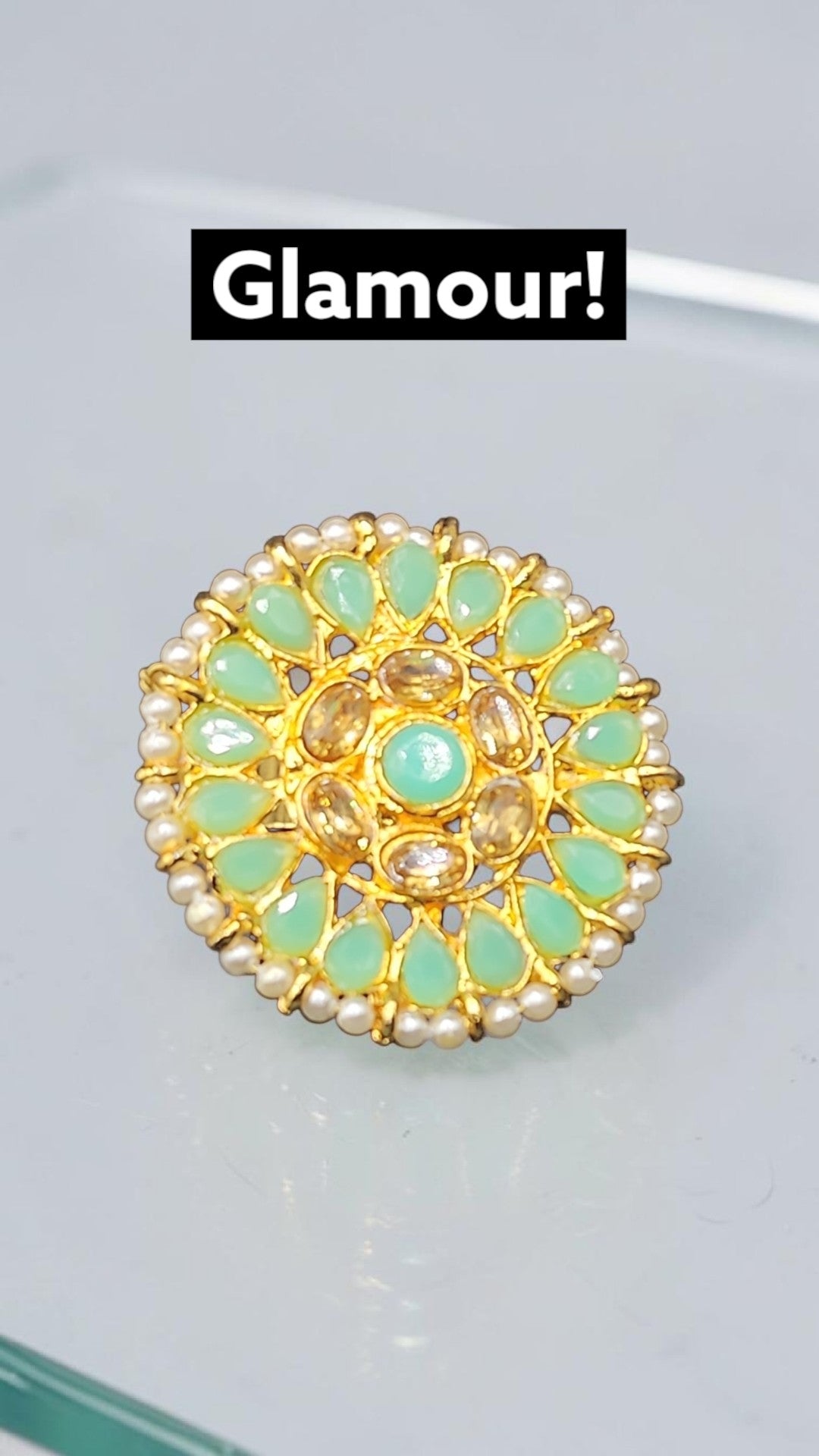 Mint Green Kundan Statement Ring | Gold Pearl Halo Floral Ring