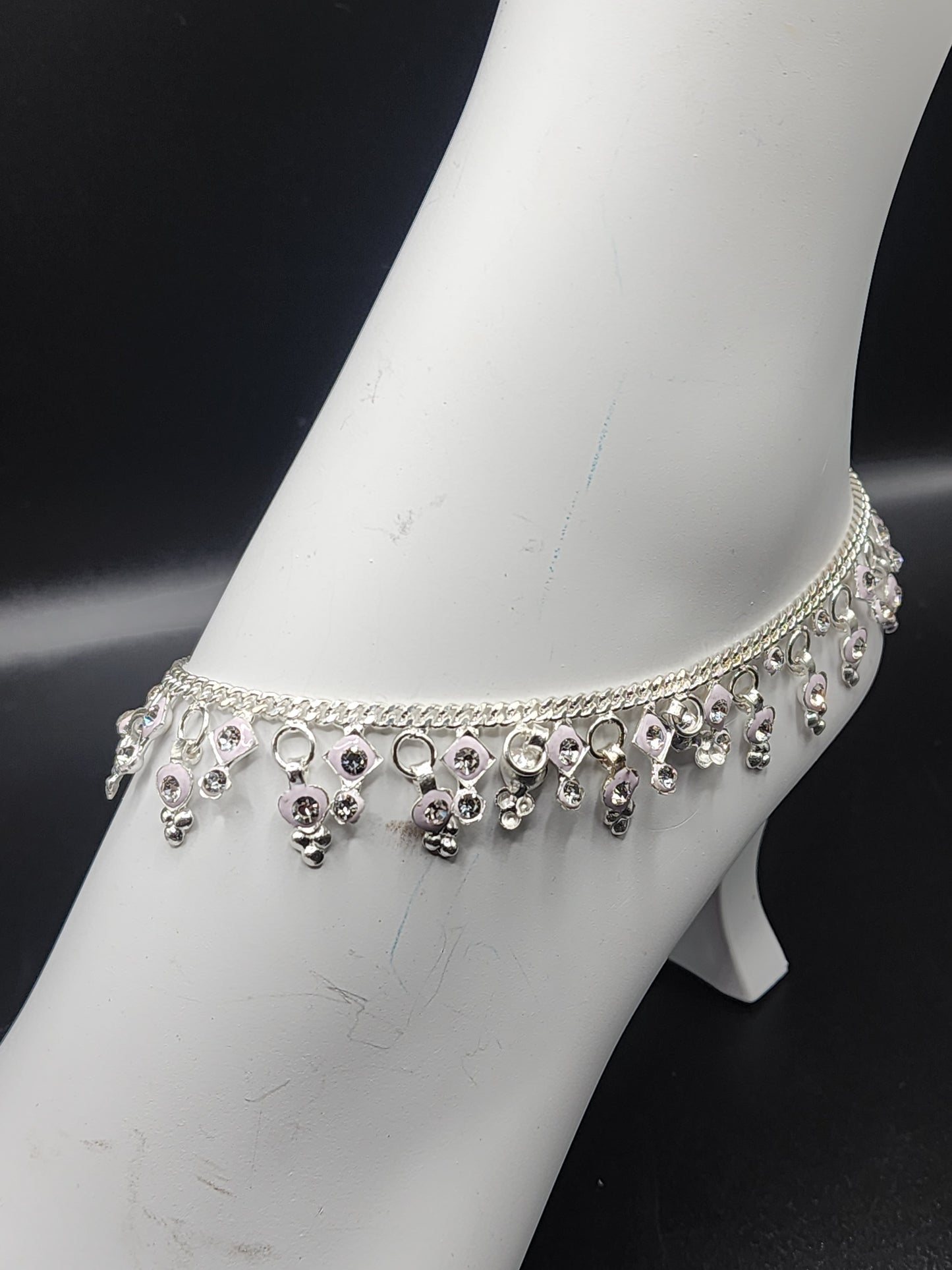 Silver Charm Anklet with Crystal Drops – Elegant Dangling Payal