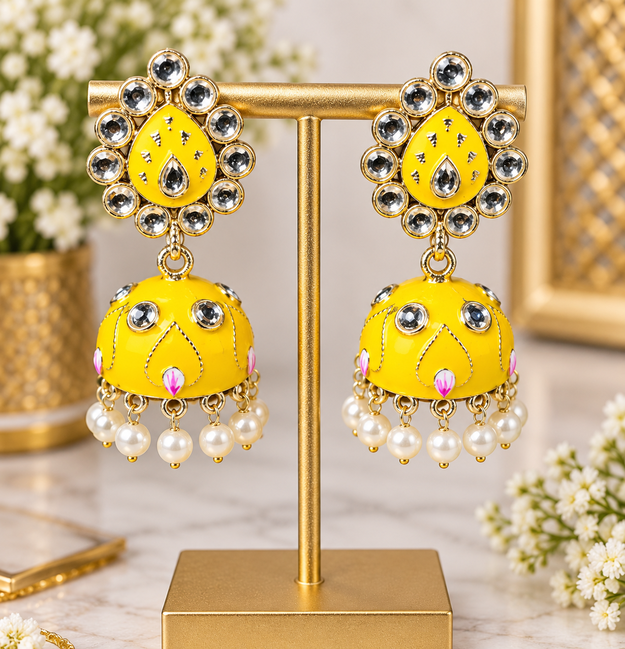 Yellow Meenakari Jhumka Earrings