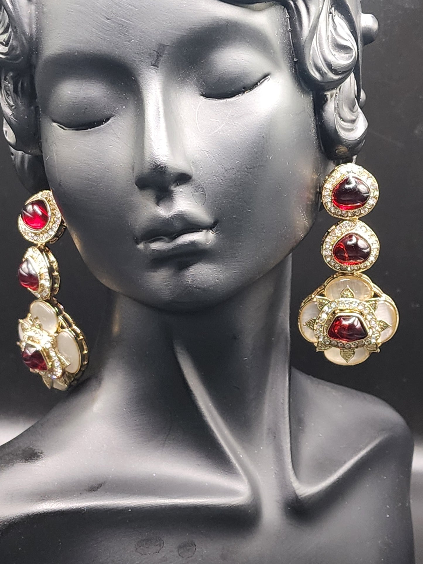 Ruby Kundan Statement Drop Earrings with Ivory Enamel Detail