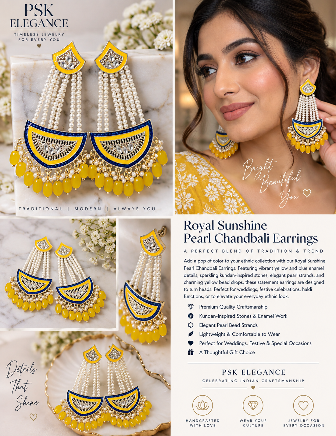 Royal Sunshine Blue & Yellow Pearl Chandelier Earrings