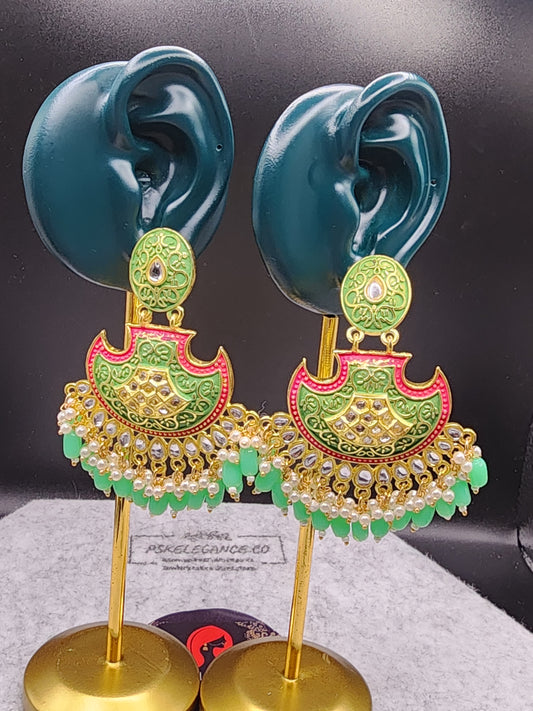 Green Pink Meenakari Chandbali Earrings | Pearl Bead Indian Statement Earrings