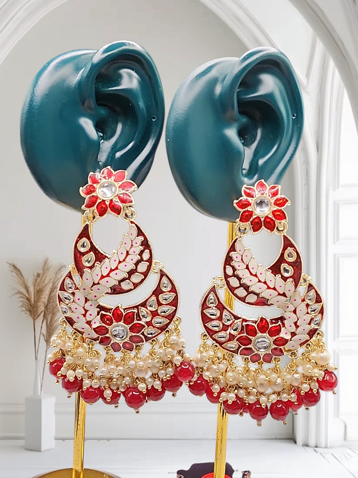 Red Floral Kundan Chandbali Earrings with Pearl & Bead Drops