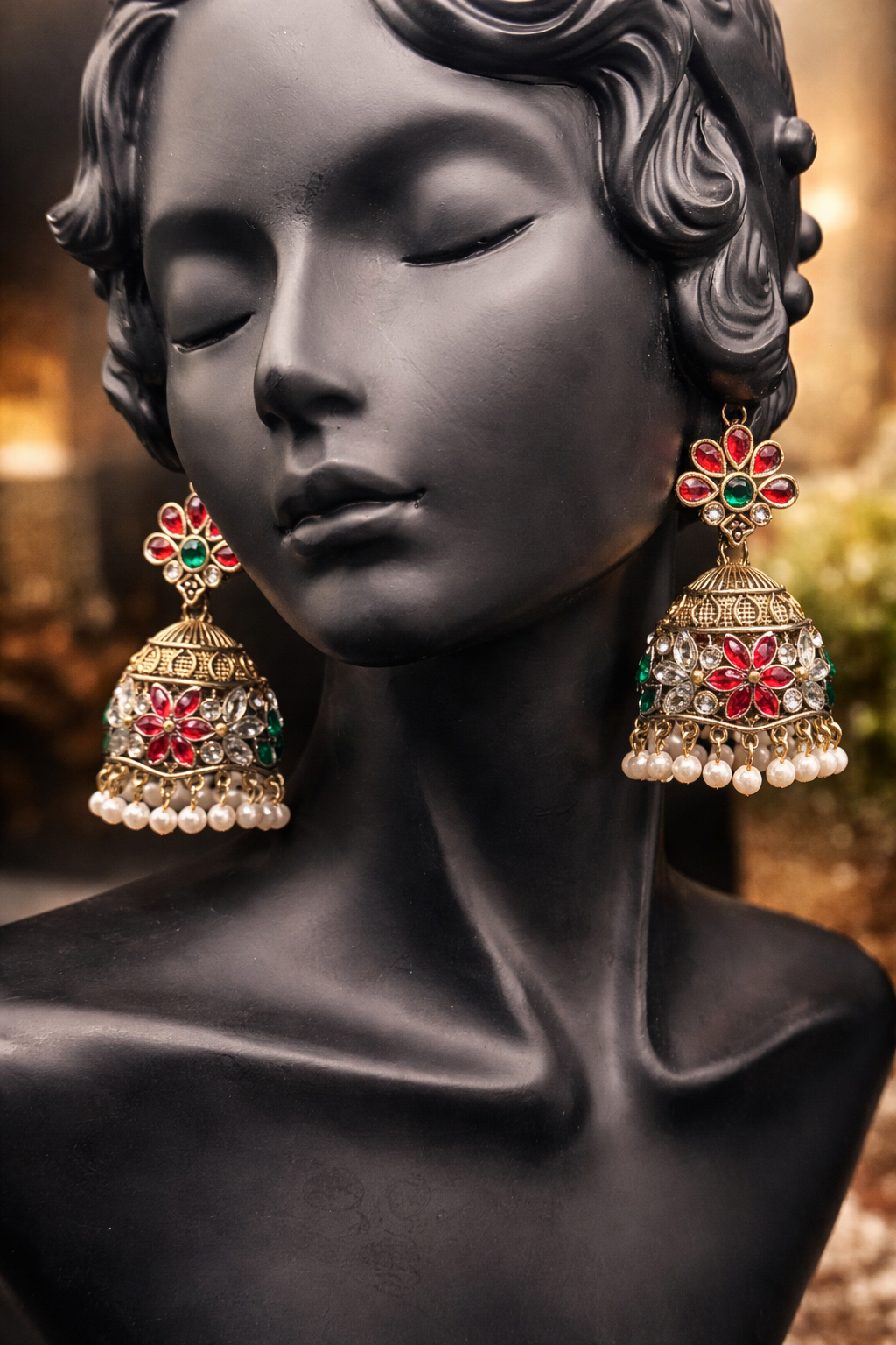 Handcrafted jhumkas featuring rich ruby tones, emerald accents, and delicate pearl drops ❤️
