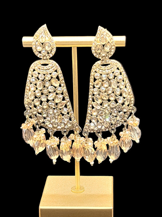 Champagne Crystal Statement Earrings with Gold Detailing – Luxe Glam Drop