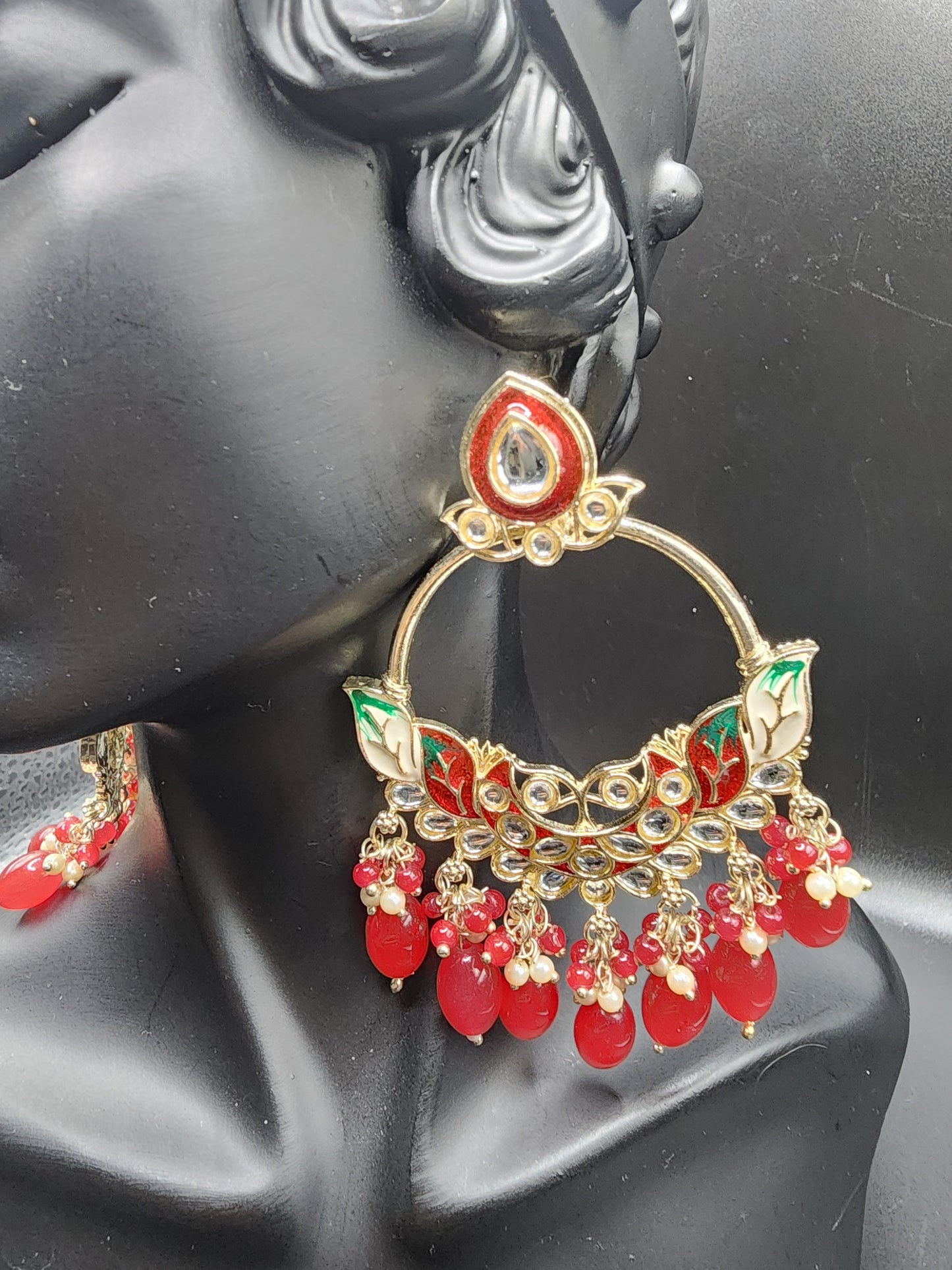 Red Meenakari Statement Hoop Earrings with Beaded Drops – Bridal Luxe