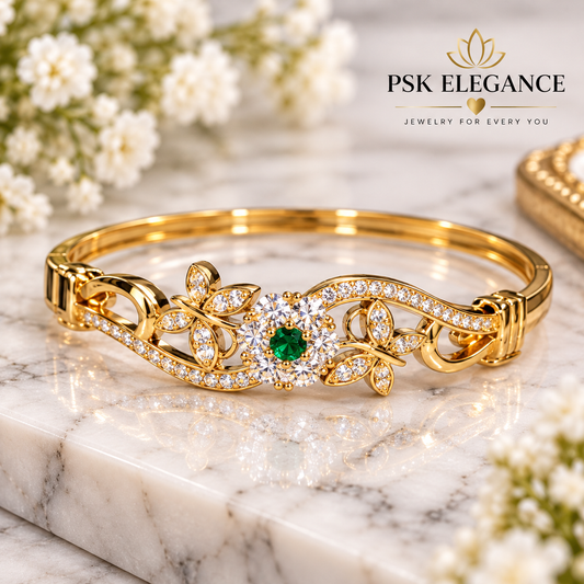 Gold-Tone Green Stone Floral Crystal Bangle