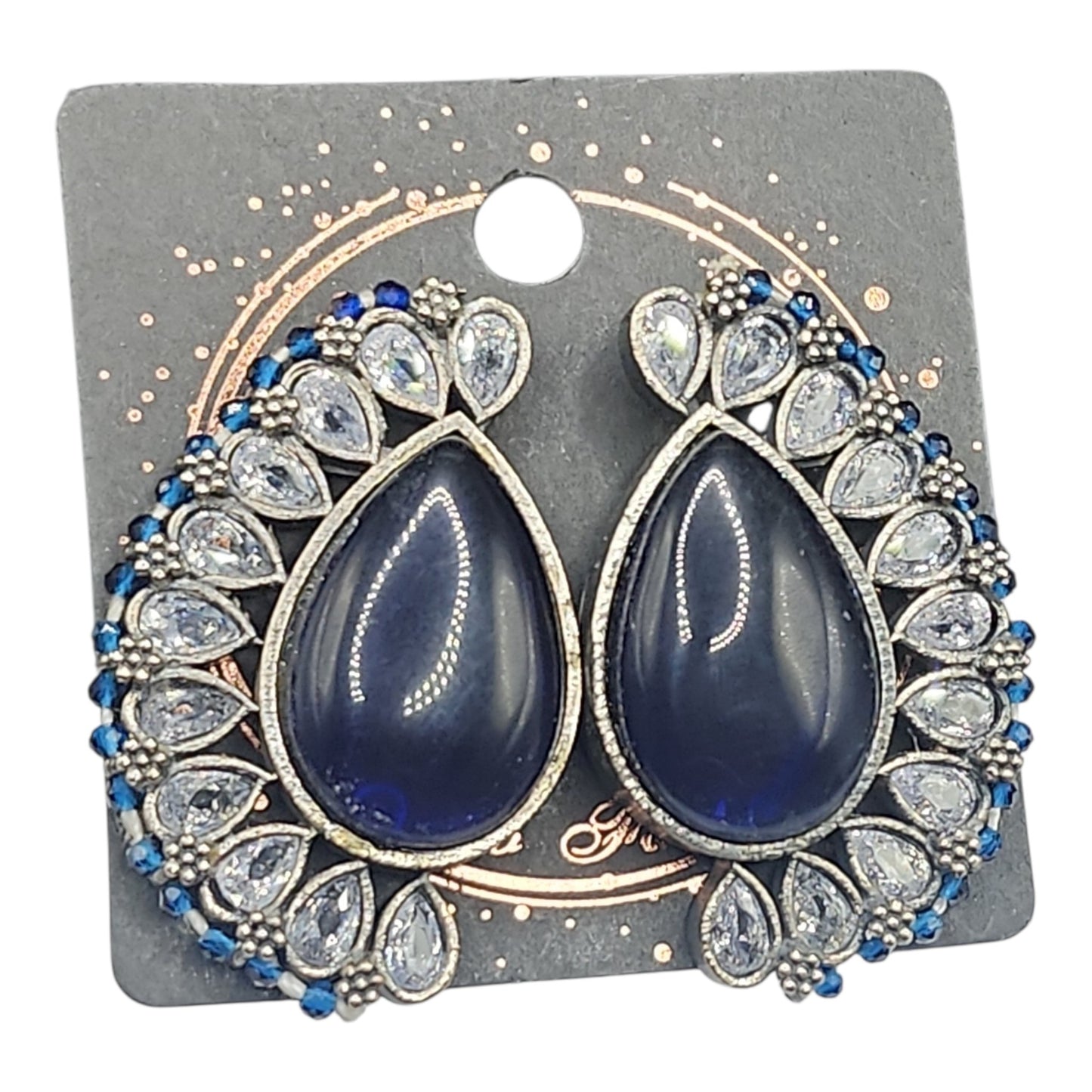 PSK ELEGANCE Midnight Blue Teardrop Statement Earrings | Crystal Halo Indo-Western Luxury Jewelry