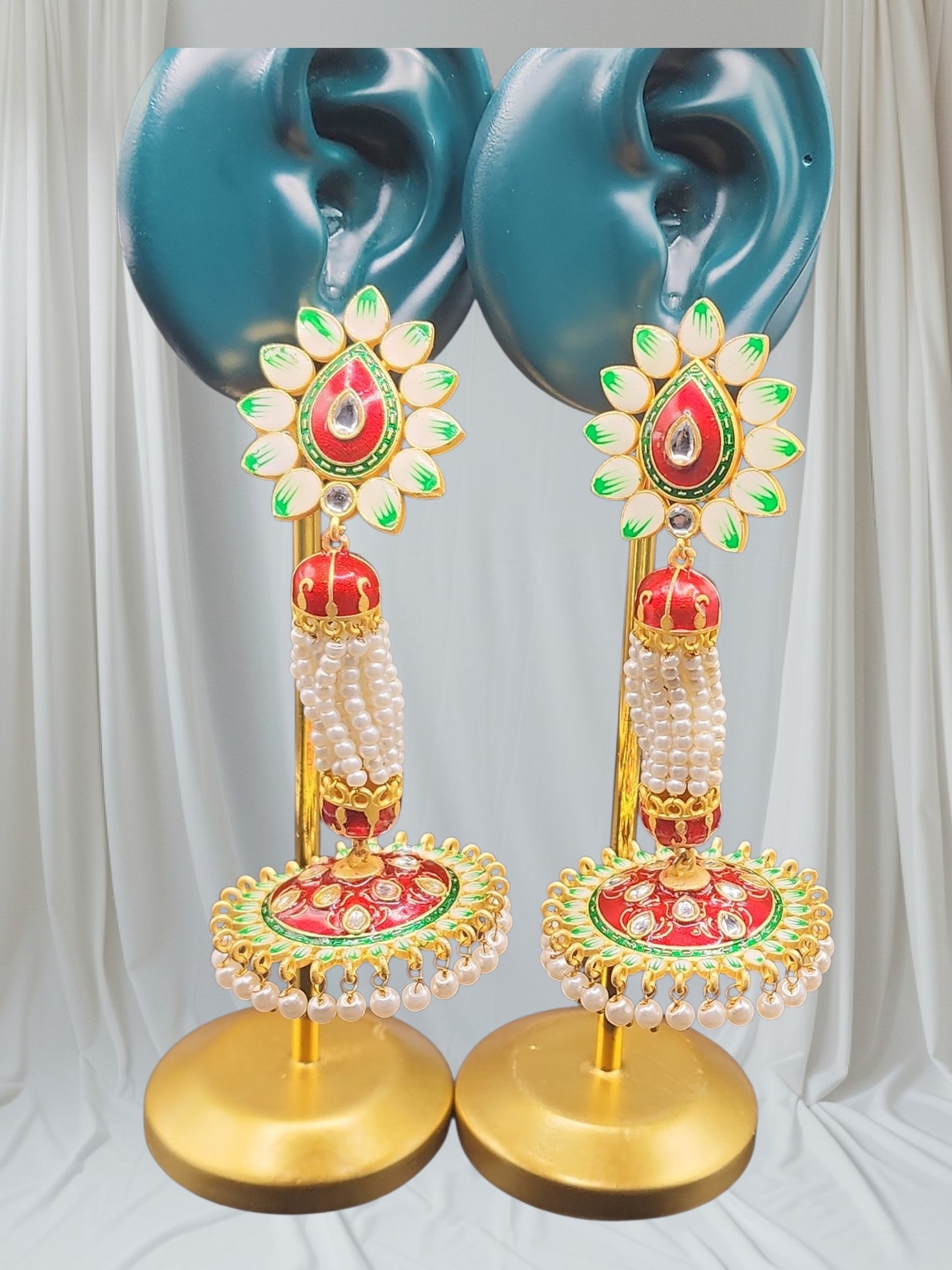 PSK ELEGANCE Red & Green Meenakari Jhumka Earrings | Floral Pearl Drop Traditional Statement Jewelry