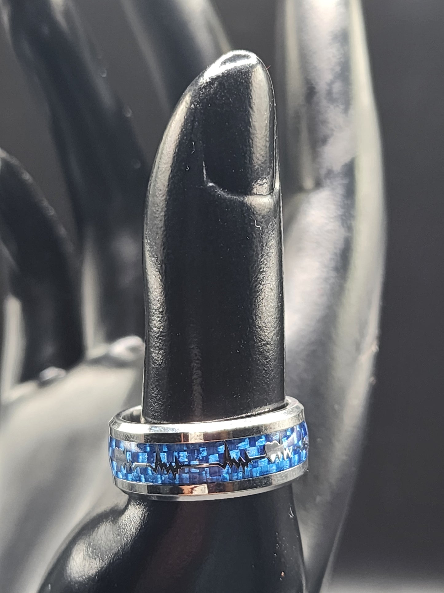 Blue Mosaic Heartbeat Ring | Stainless Steel Love Band | Minimalist Couple Jewelry