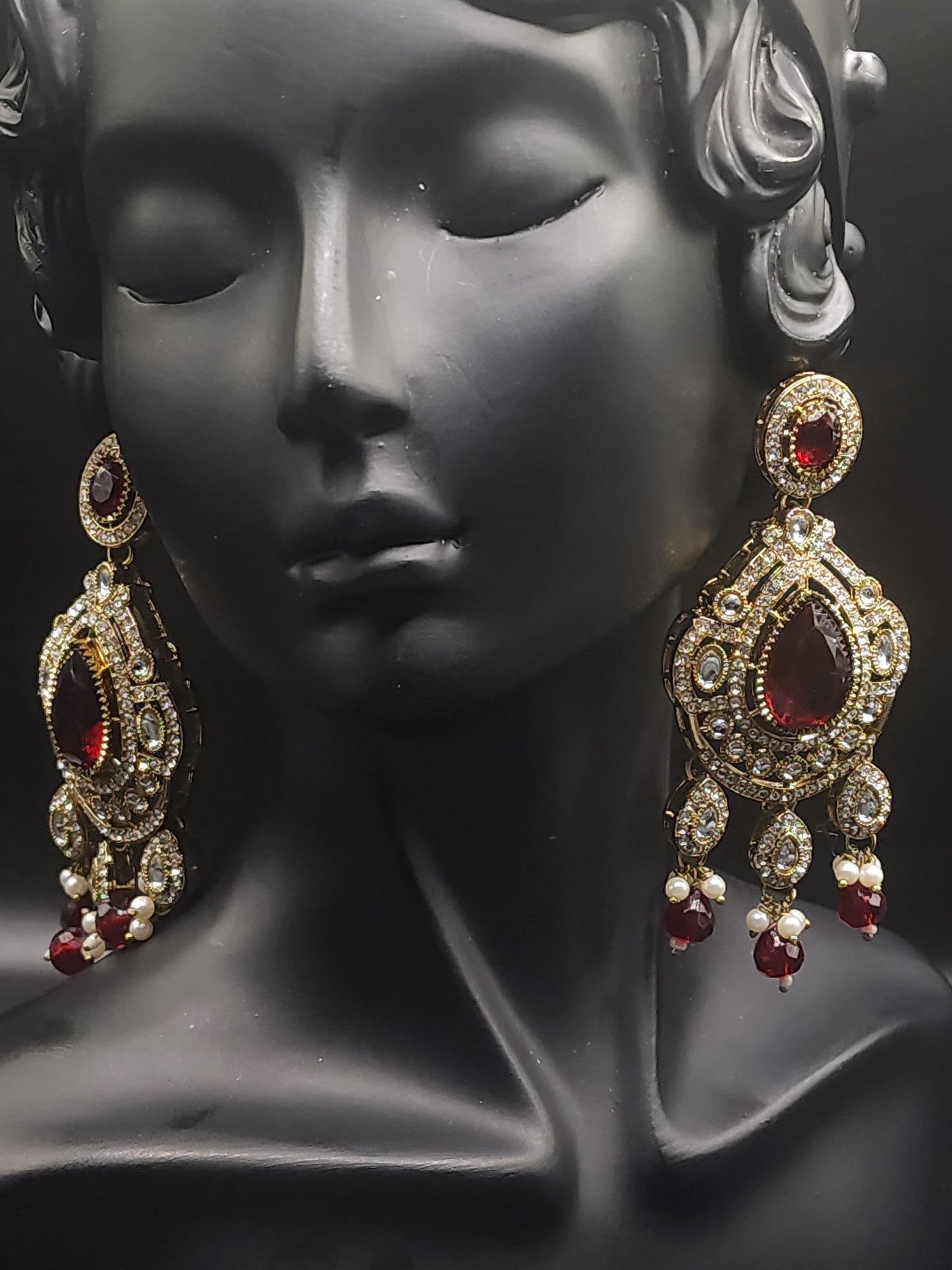 Ruby Red Kundan Chandbali Earrings with Pearl Drops – Bridal Luxe