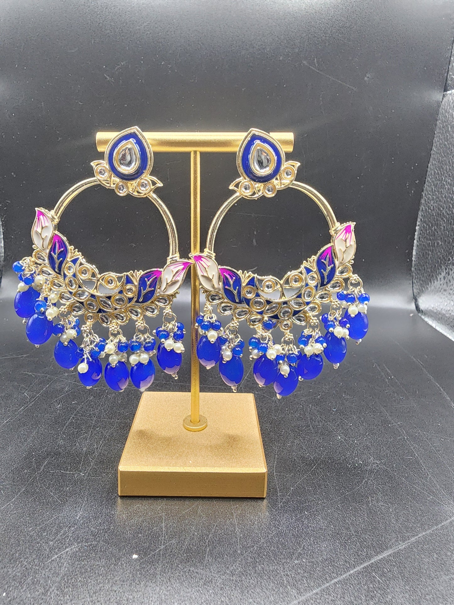 Royal Blue Meenakari Statement Hoop Earrings with Beaded Drops – Luxe Festive
