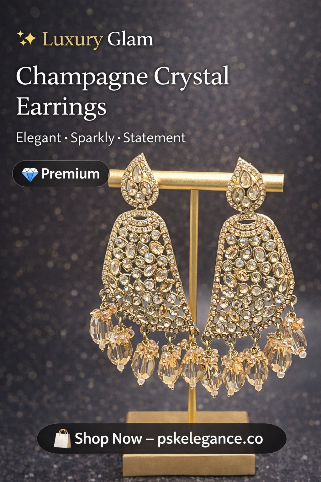Champagne Crystal Statement Earrings with Gold Detailing – Luxe Glam Drop