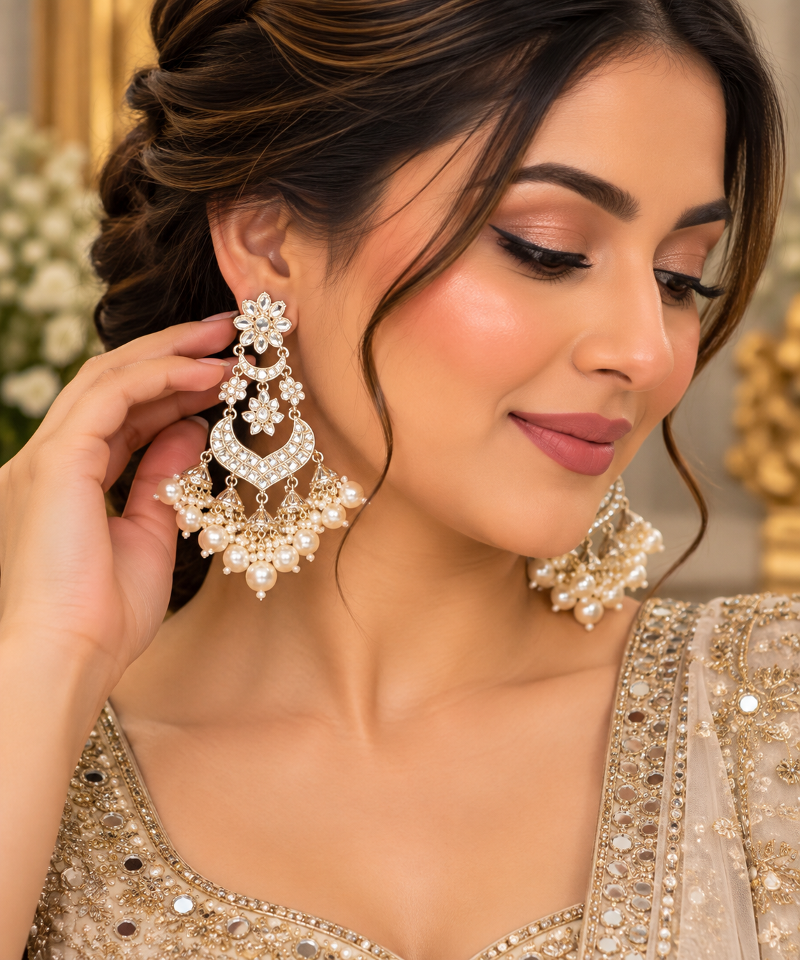 Gold Kundan Floral Chandbali Jhumka Earrings with Pearl Drops