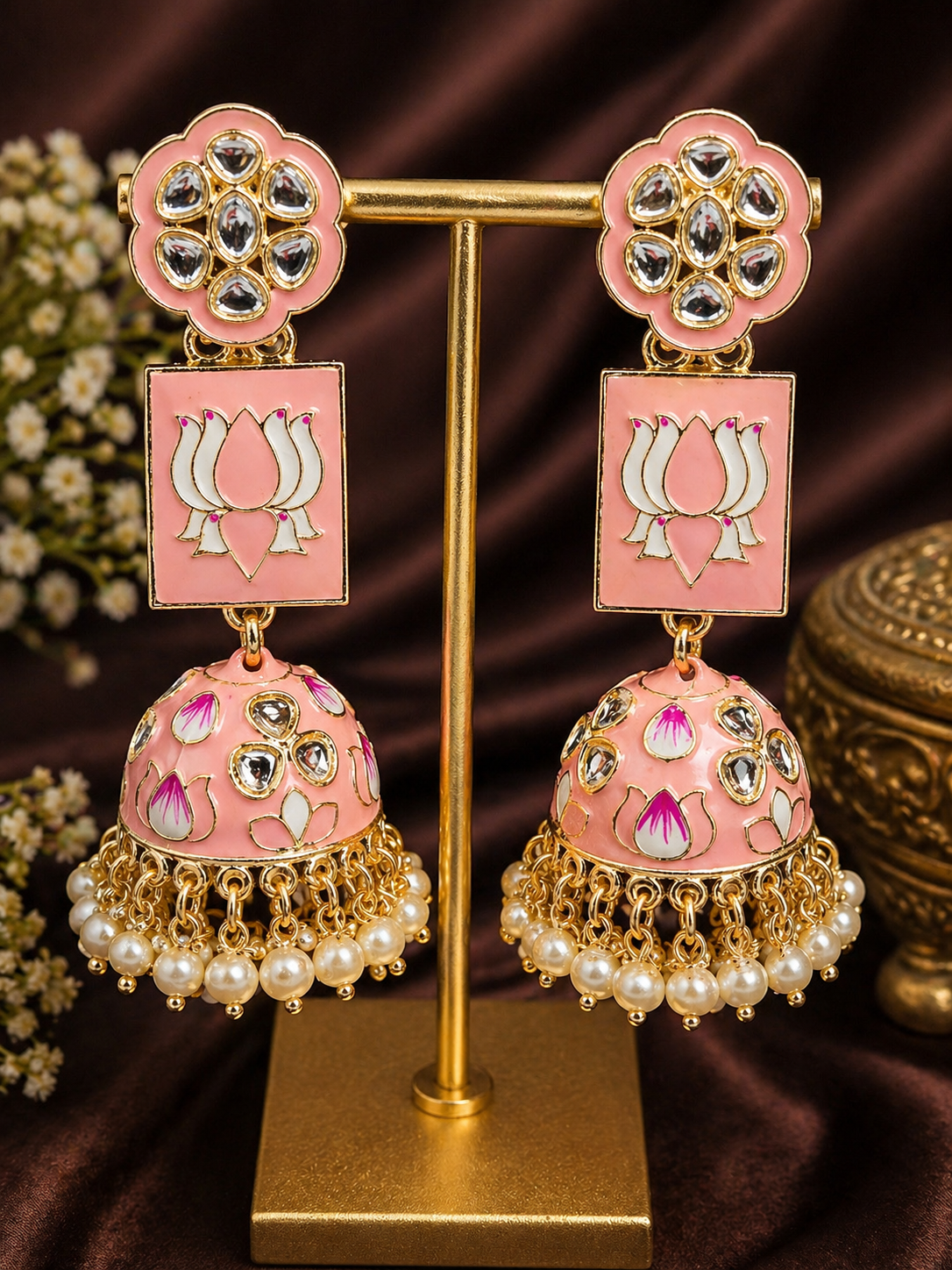 Peach Pink Meenakari Lotus Kundan Jhumka Earrings | Pearl Drop Indian Statement Earrings