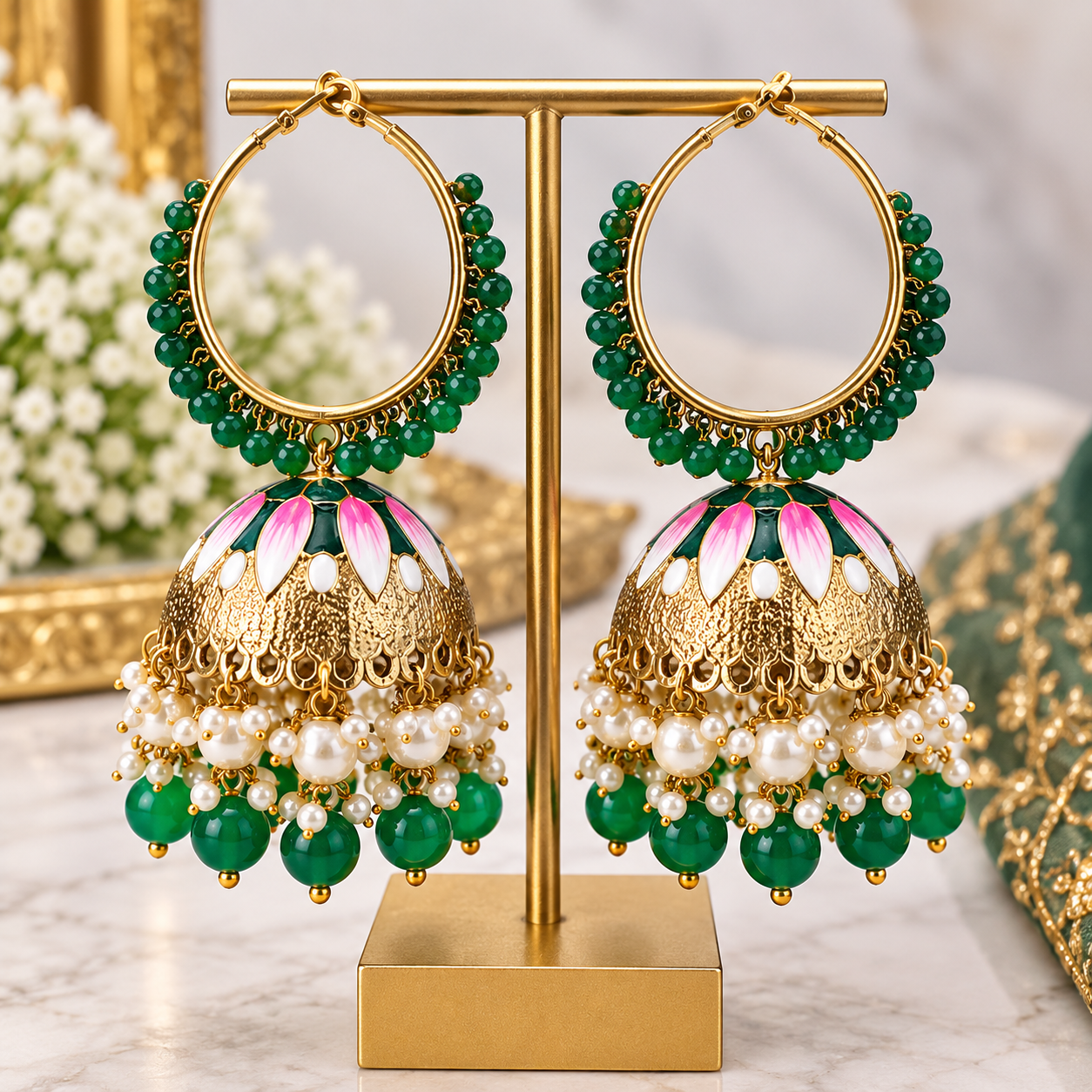 Green & Pink Meenakari Jhumka Earrings