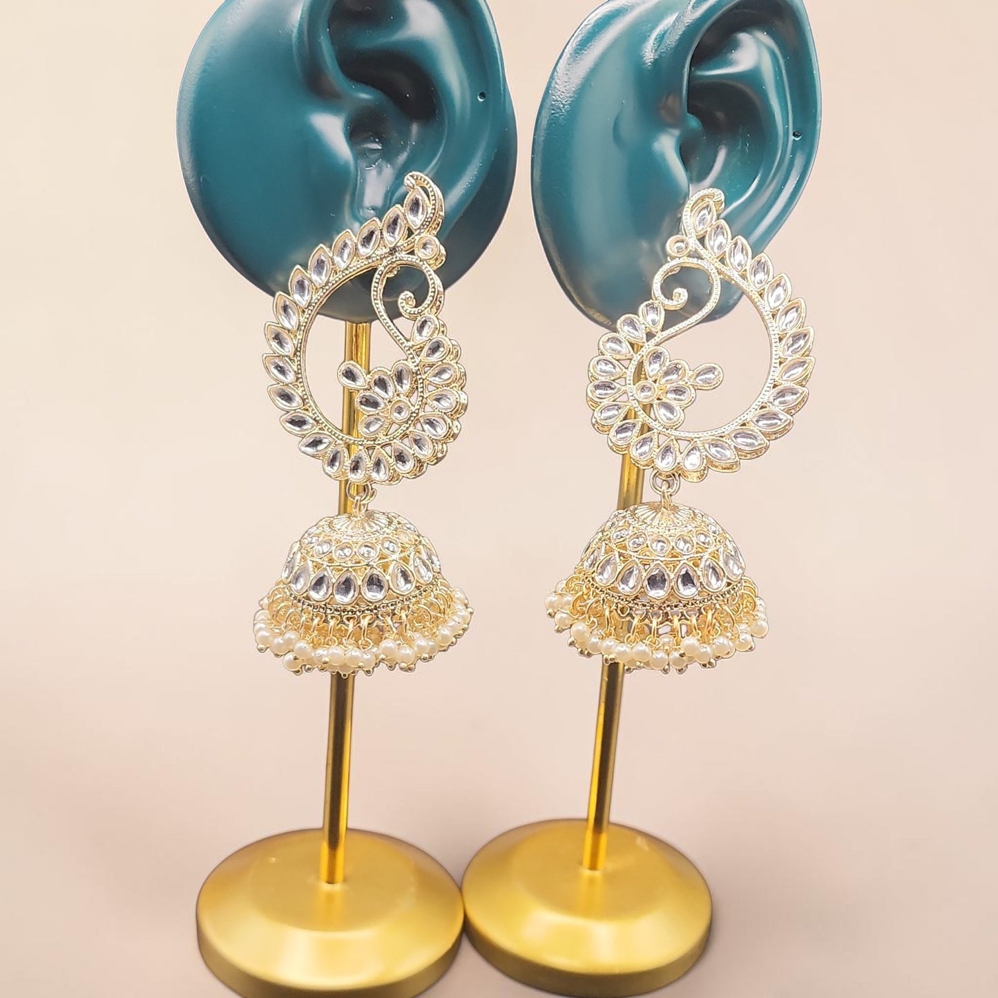 PSK ELEGANCE Gold Kundan Peacock Jhumka Earrings | Pearl Drop Statement Ethnic Jewelry