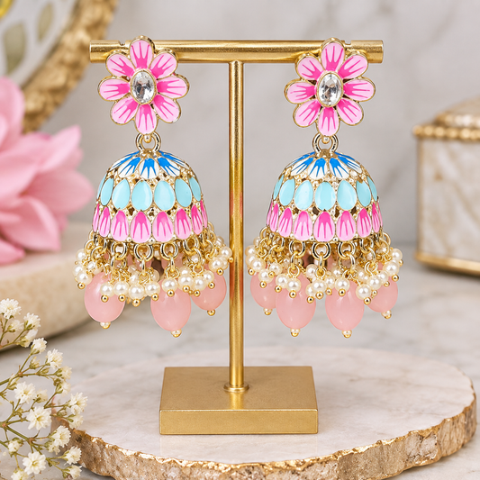 Pink & Blue Floral Meenakari Jhumka Earrings