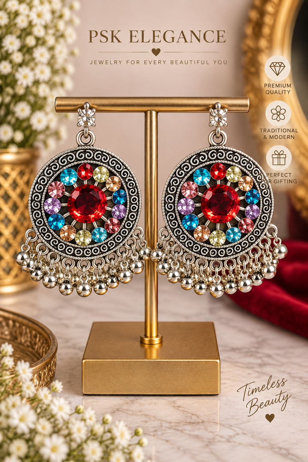 Multicolor Oxidized Silver Statement Earrings