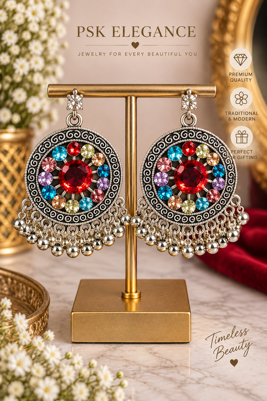 Multicolor Oxidized Silver Statement Earrings