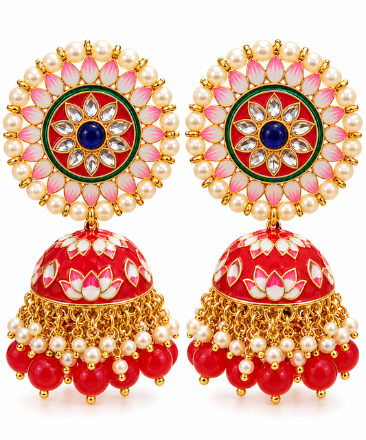 Red & Pink Meenakari Jhumka Earrings
