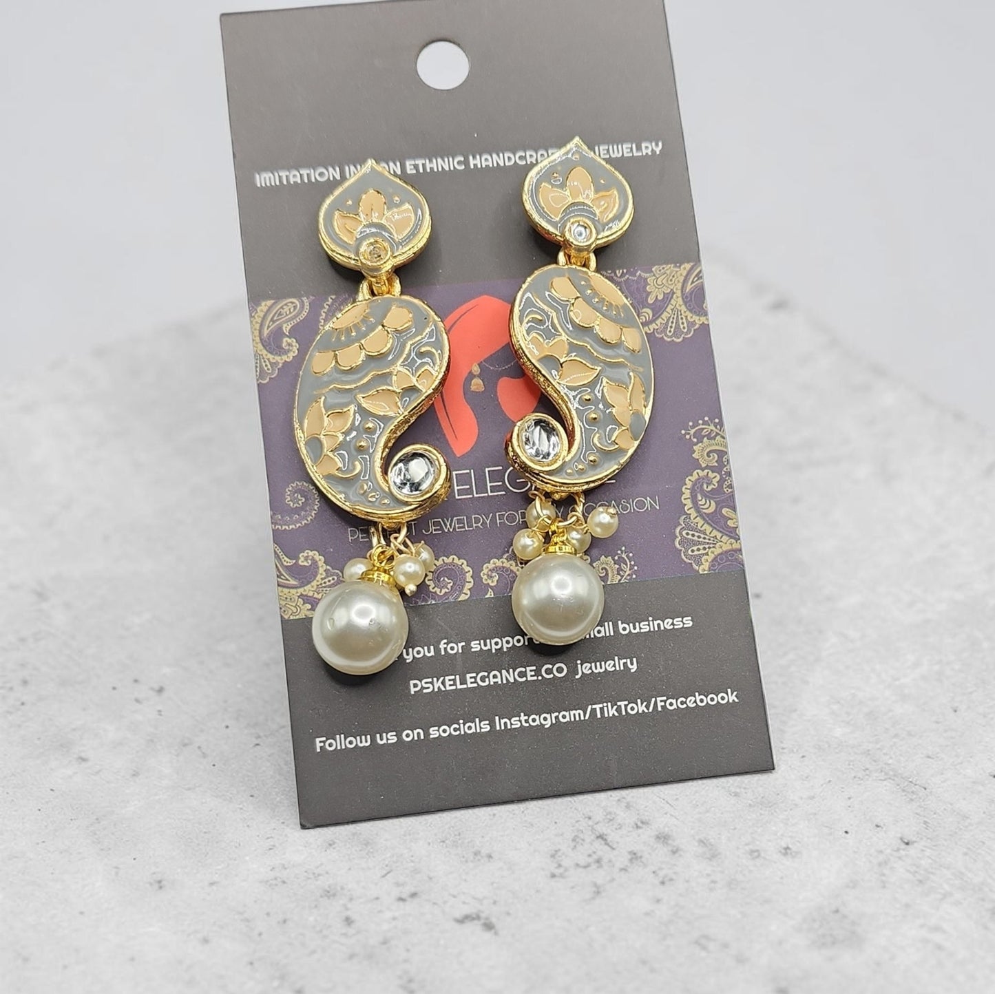 PSK ELEGANCE Grey & Gold Paisley Drop Earrings with Pearl Charm