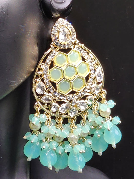 Mint Green Kundan Chandbali Earrings with Crystal Drops – Pastel Luxe
