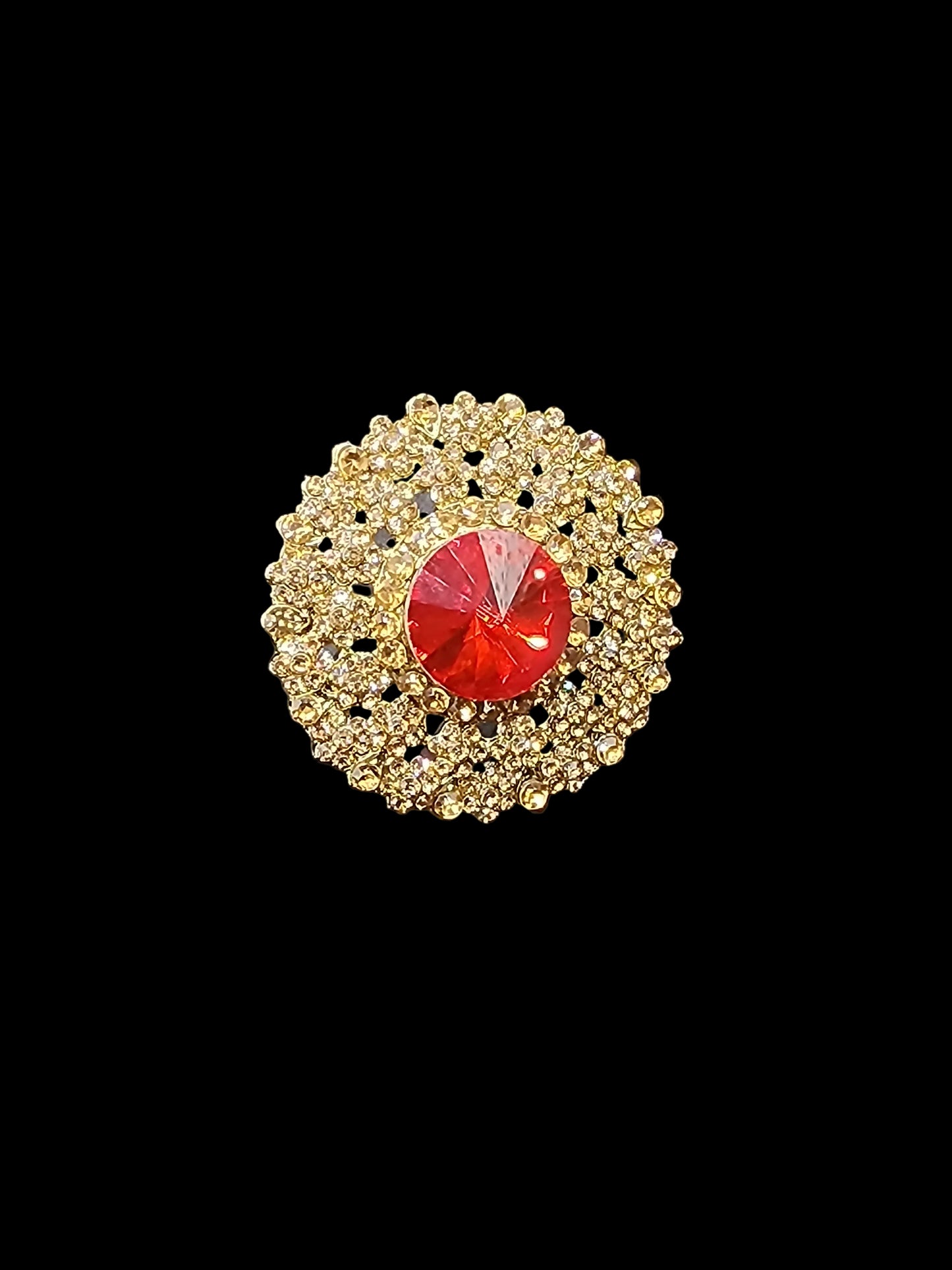 PSK ELEGANCE Red Crystal Statement Ring | Gold Rhinestone Halo Adjustable Cocktail Ring for Women