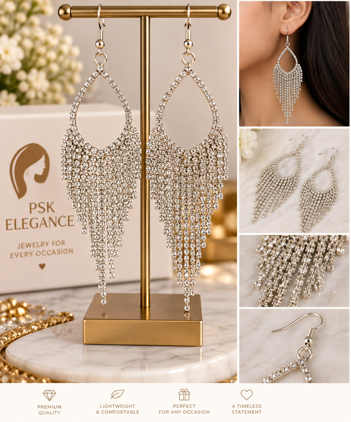 Silver Crystal Teardrop Fringe Statement Earrings