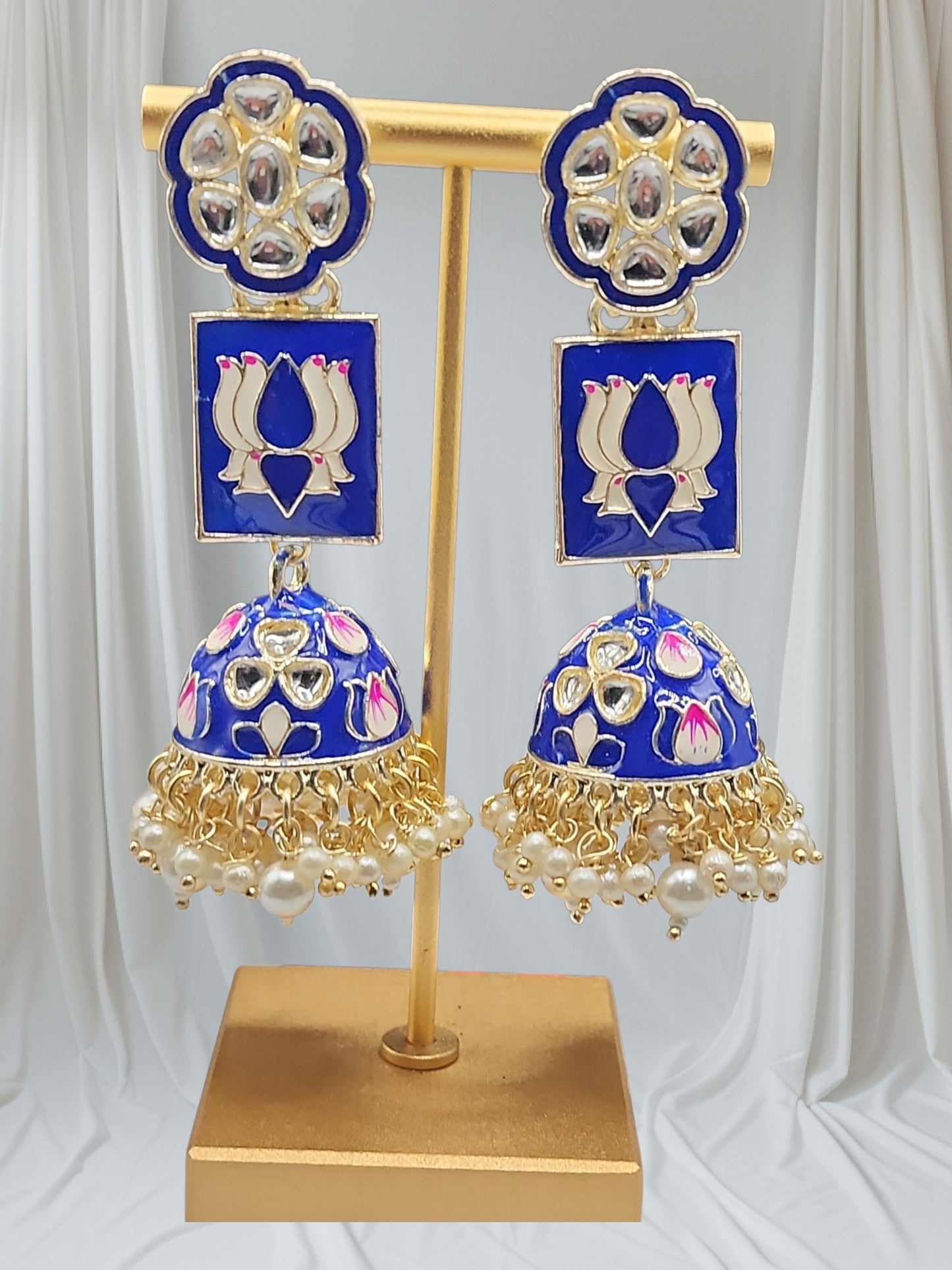 Royal Blue Meenakari Lotus Kundan Jhumka Earrings | Pearl Drop Indian Statement Earrings