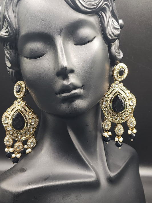 Midnight Black Kundan Chandbali Earrings – Royal Statement Luxe