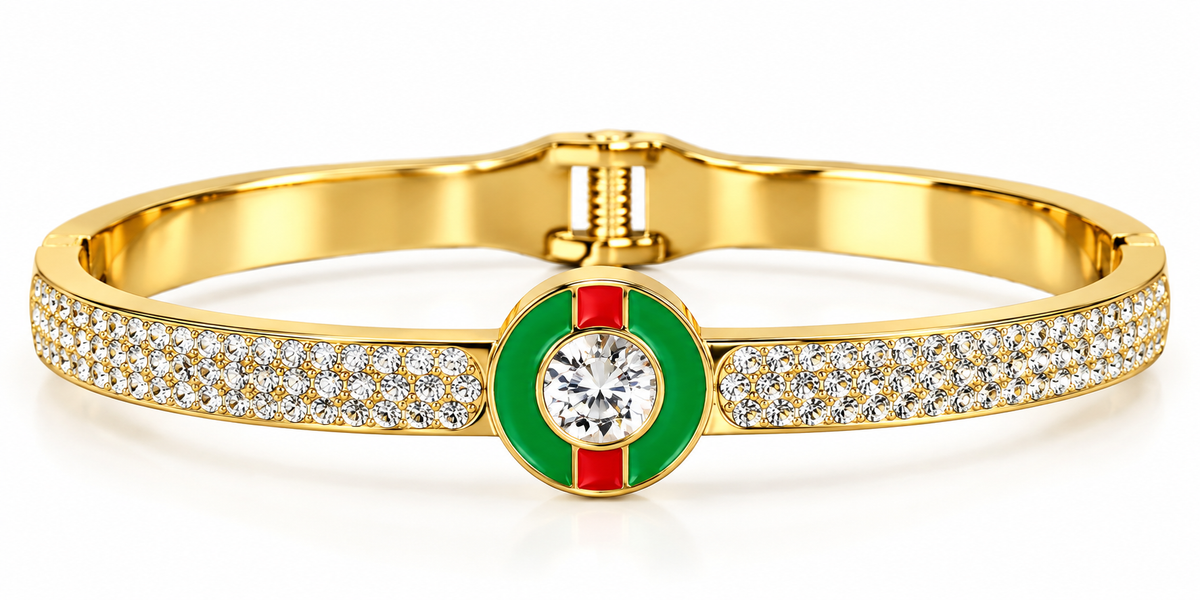 Gold-Tone Green & Red Enamel Crystal Cuff Bracelet