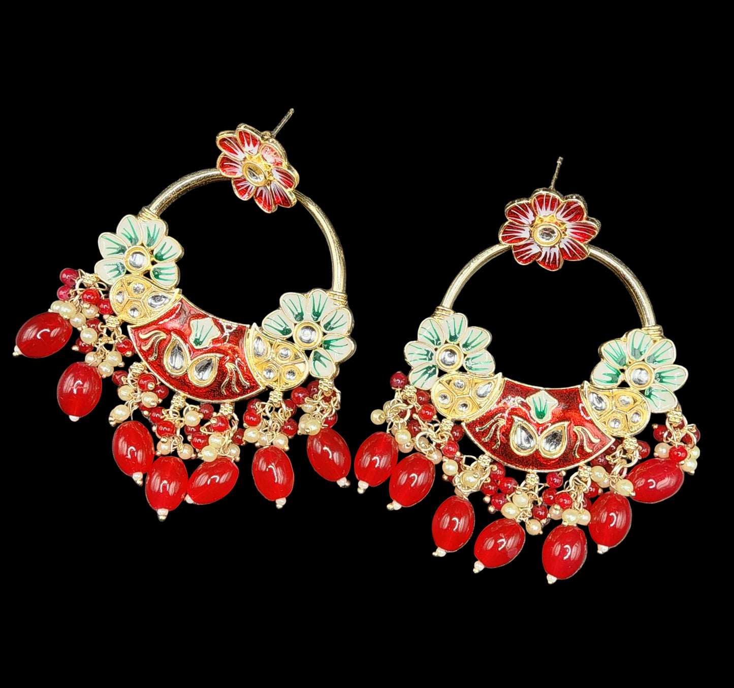 Red Floral Meenakari Statement Hoop Earrings with Bead Drops – Festive Luxe