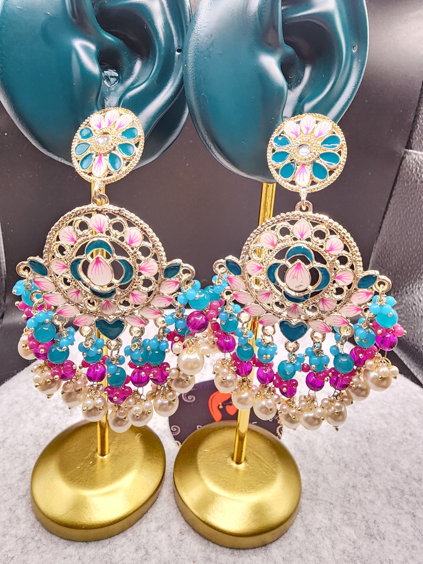 Turquoise Pink Floral Chandbali Earrings | Pearl Bead Indian Statement Earrings