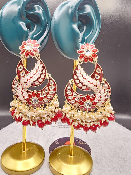 Red Floral Kundan Chandbali Earrings with Pearl & Bead Drops
