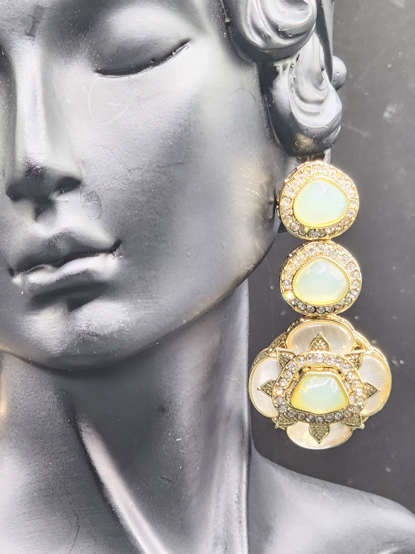 Sage Green Kundan Drop Earrings with Floral Detail – Soft Luxe Collection
