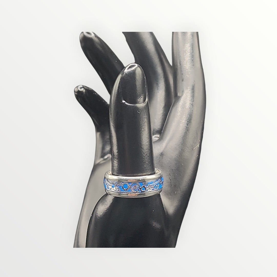 Blue Floral Spinner Ring | Stainless Steel Band
