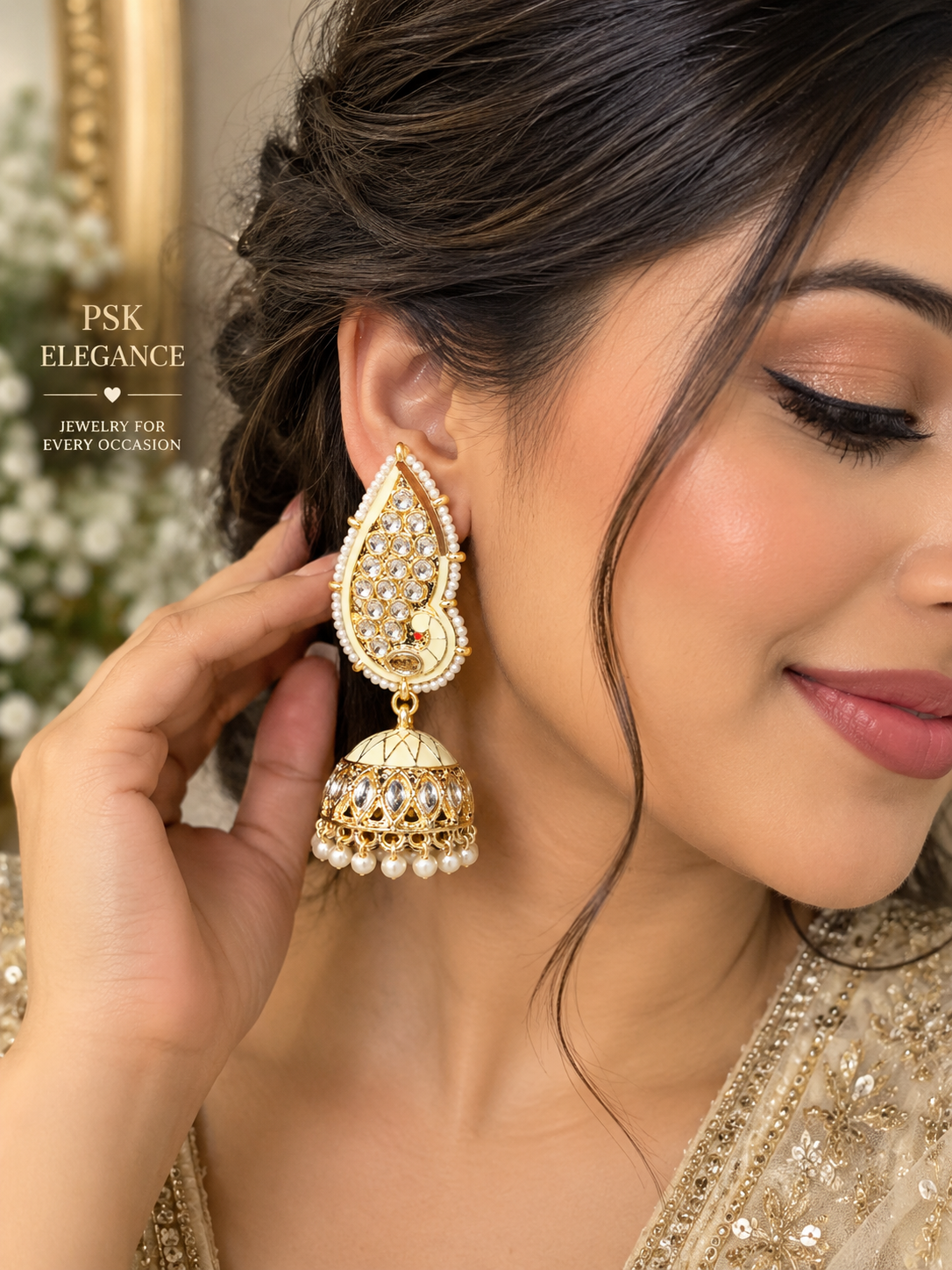 Cream & Gold Kundan Jhumka Earrings with Pearl Drops | PSK ELEGANCE