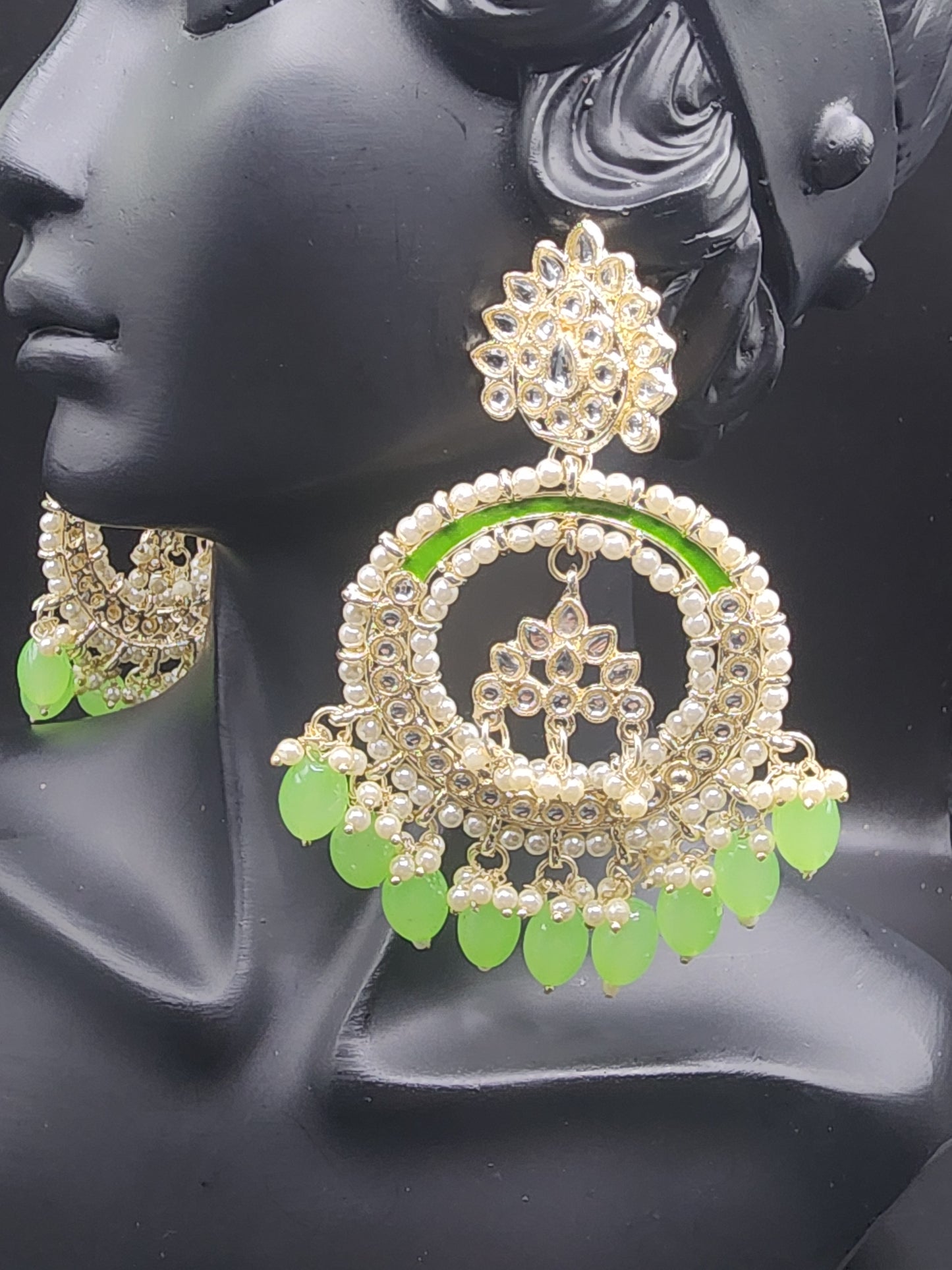PSK ELEGANCE Neon Green Pearl Chandbali Earrings | Kundan Hoop Statement Indo-Western Jewelry