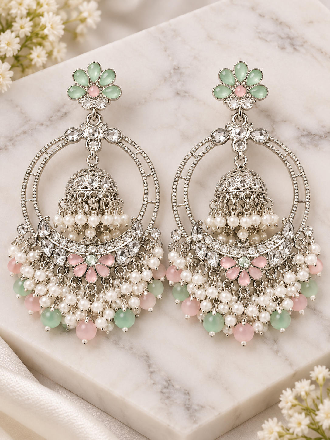Mint Green & Blush Pink Pearl Chandbali Earrings | PSK ELEGANCE