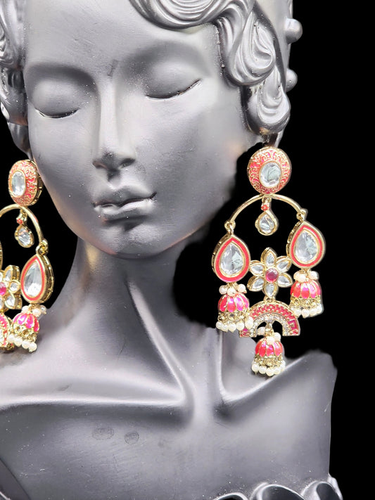Pink Kundan Chandbali Earrings with Pearl Jhumka Drops – Festive Luxe