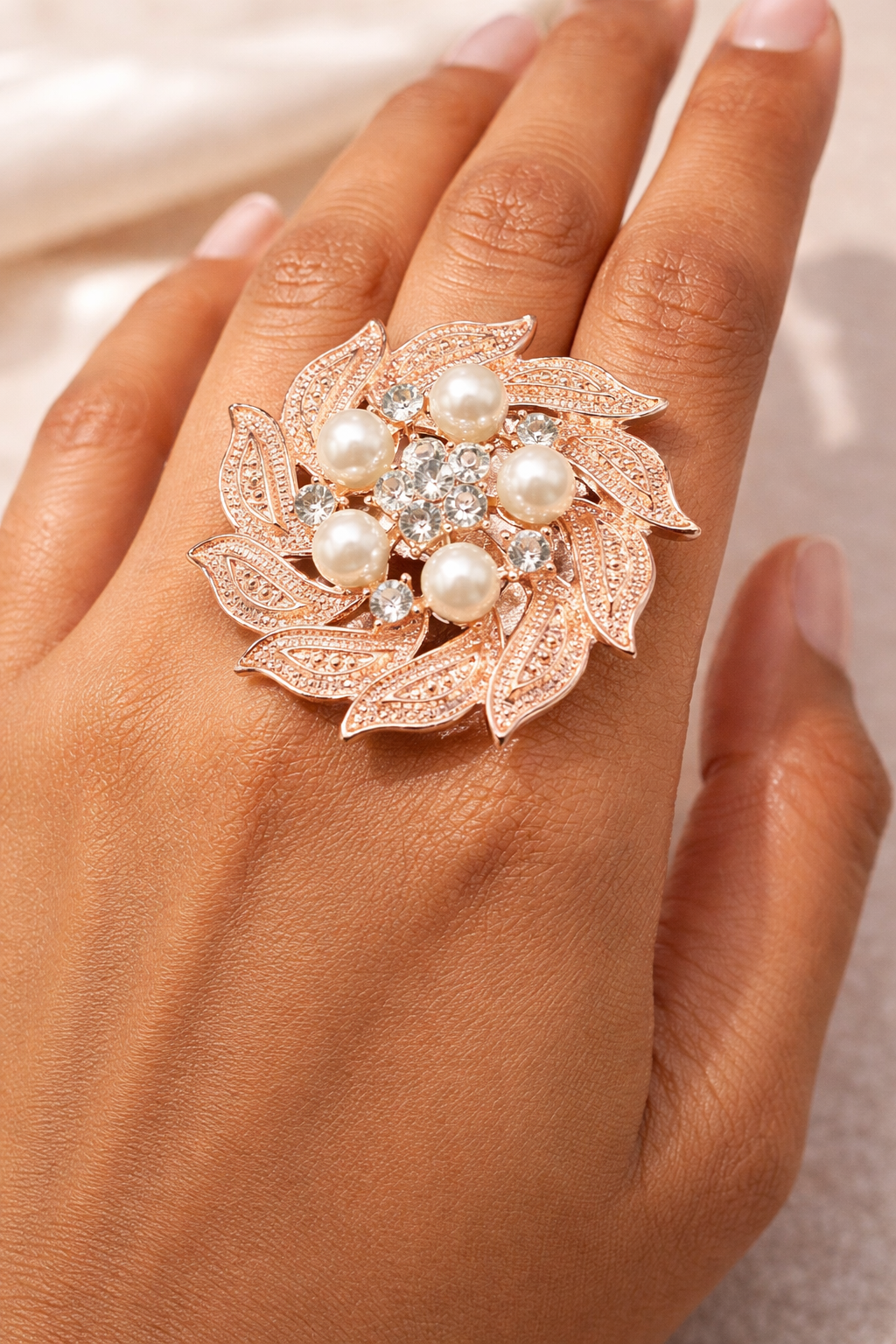 Rose Gold Pearl Floral Statement Ring | Elegant Crystal Leaf Ring