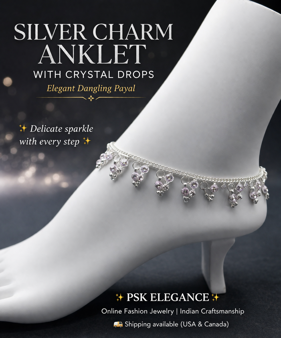 Silver Charm Anklet with Crystal Drops – Elegant Dangling Payal