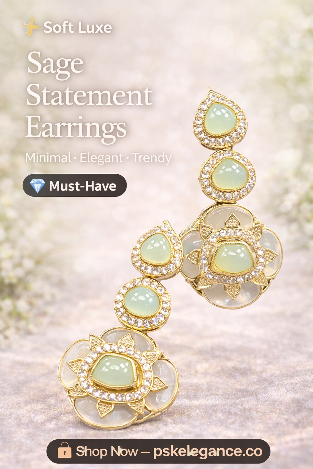 Sage Green Kundan Drop Earrings with Floral Detail – Soft Luxe Collection