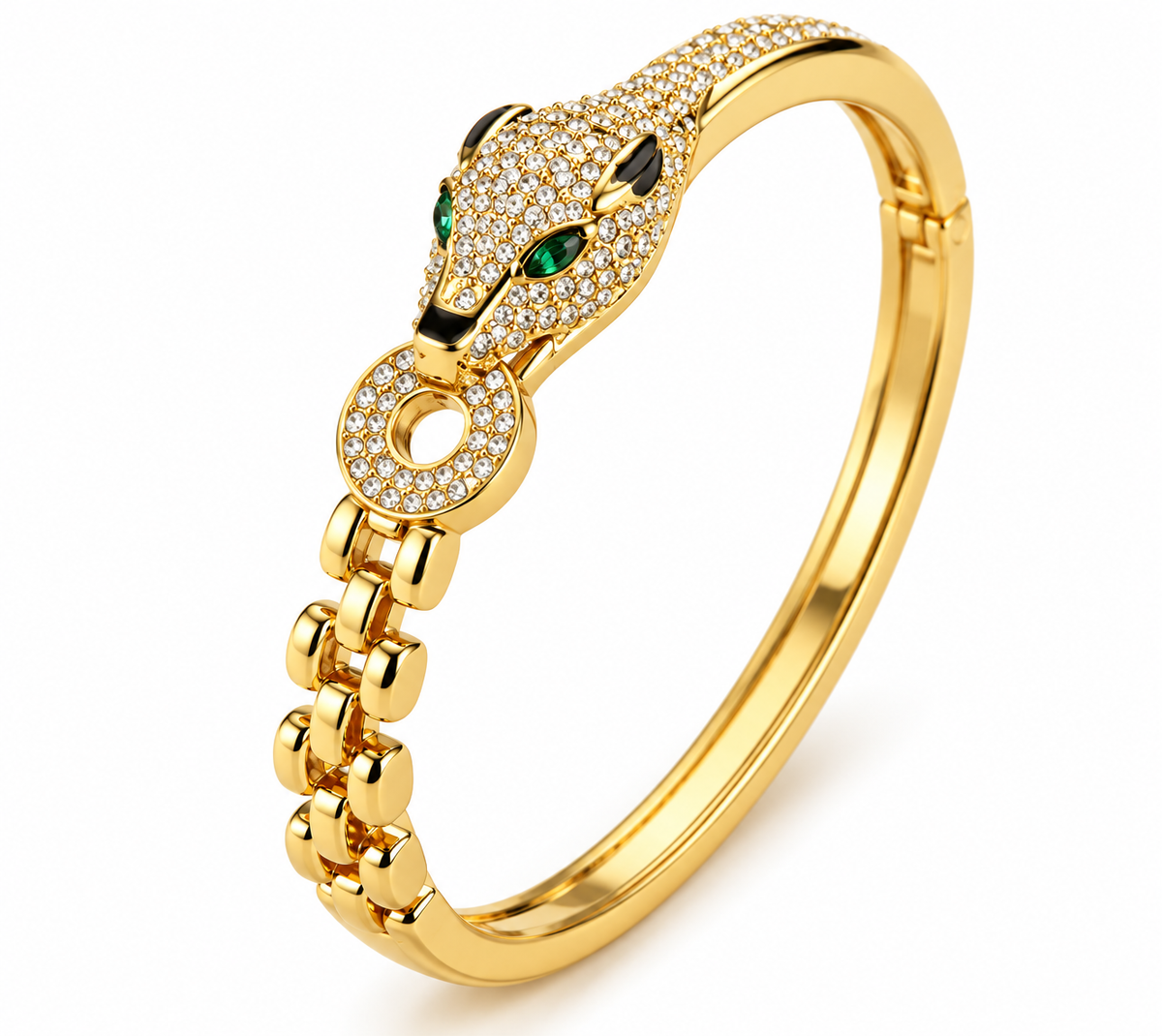 Gold-Tone Crystal Panther Head Statement Bangle Bracelet