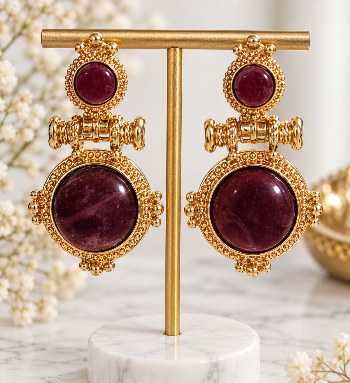 Gold & Burgundy Statement Drop Earrings