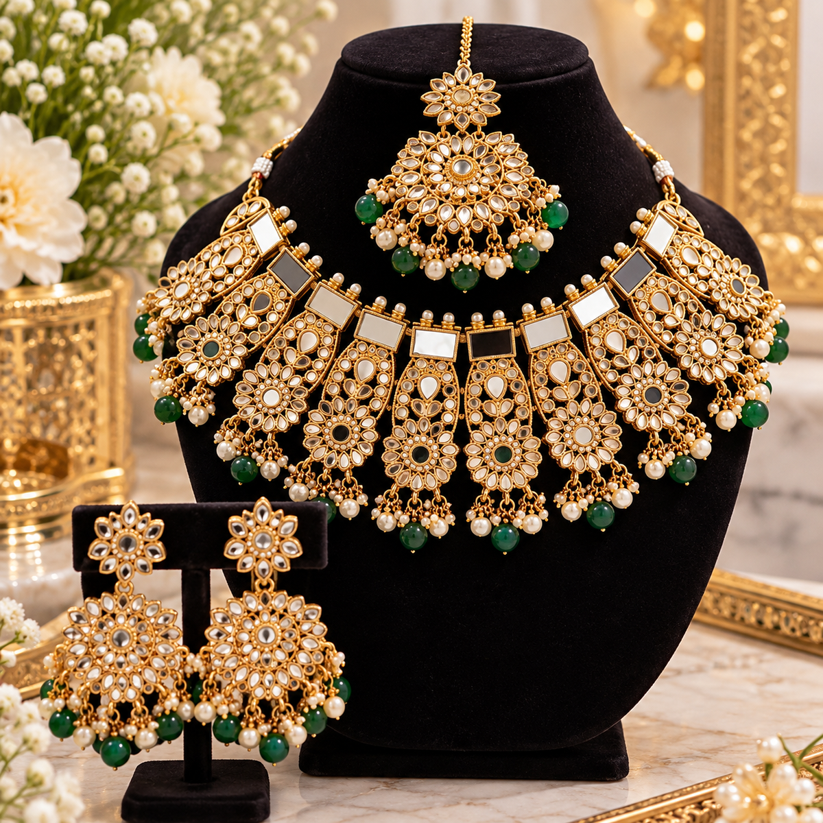 Gold Kundan Bridal Jewelry Set with Green Beads – Necklace, Earrings & Maang Tikka