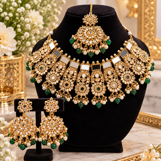 Gold Kundan Bridal Jewelry Set with Green Beads – Necklace, Earrings & Maang Tikka