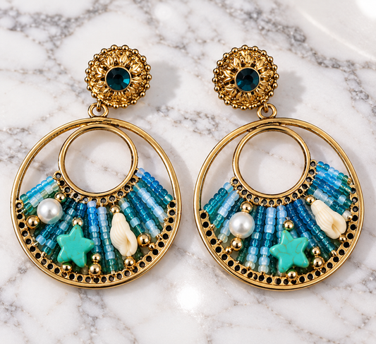 Blue Turquoise Boho Statement Hoop Earrings with Gold-Tone Details