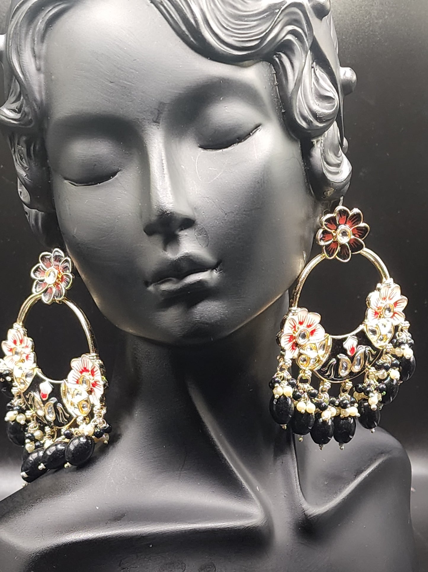 Black & Red Floral Chandbali Earrings with Pearl Drops